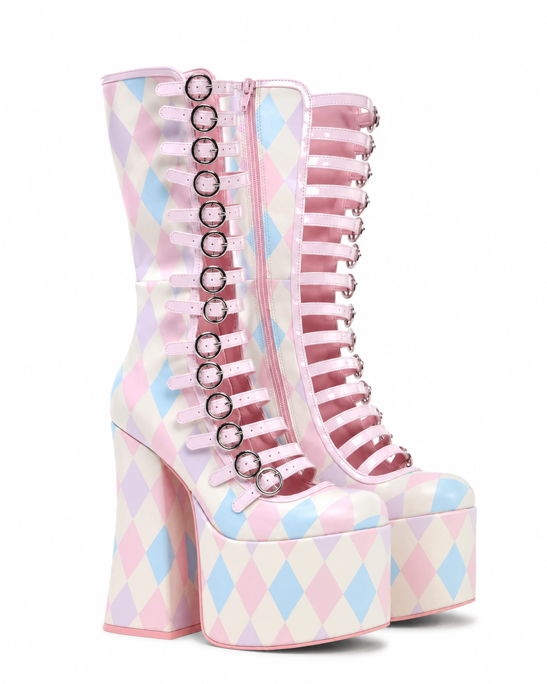 Pastel Harlequin Multi-Strap Platform Boots