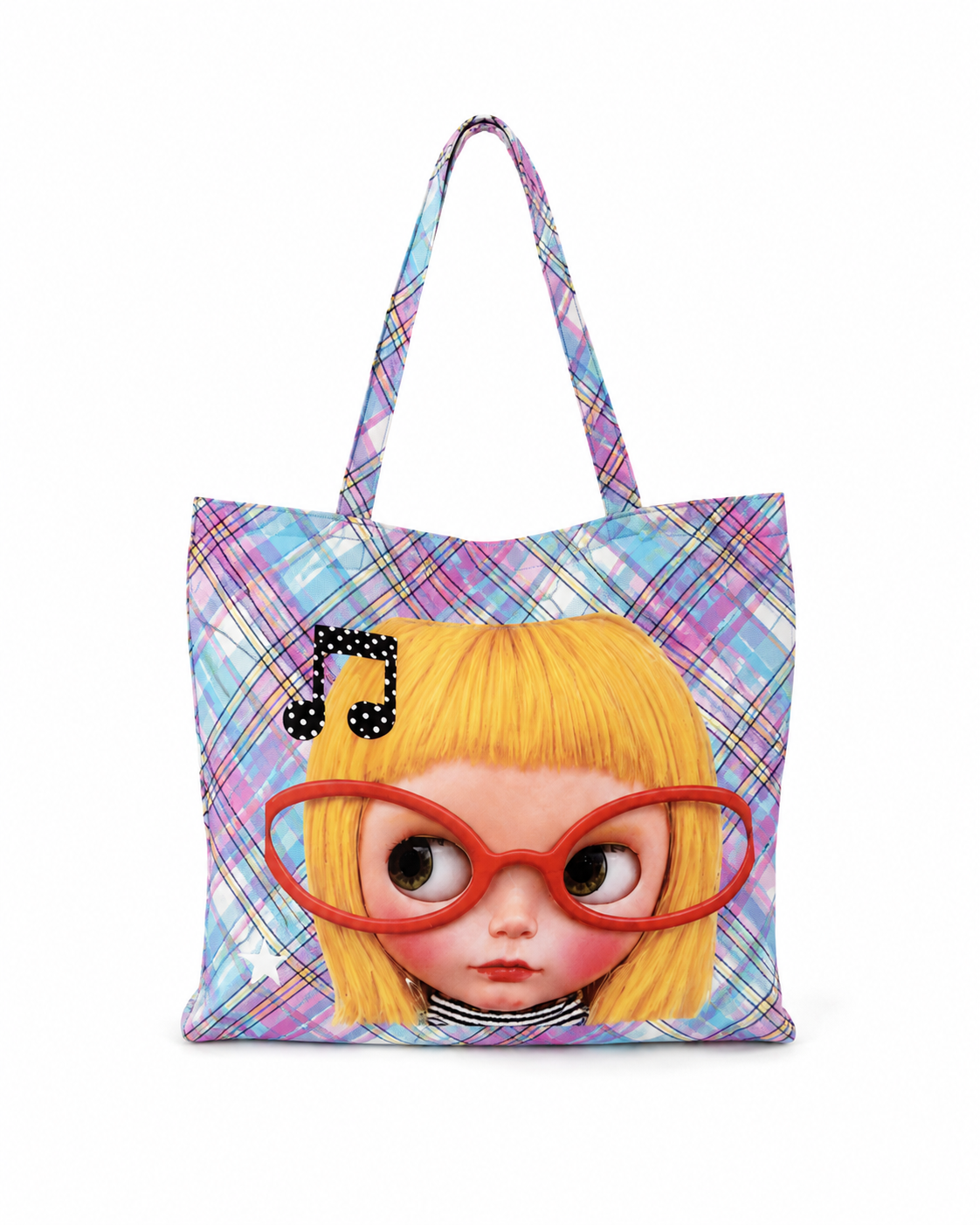 Tokyo Vintage Y2K Doll Print Plaid Tote Bag