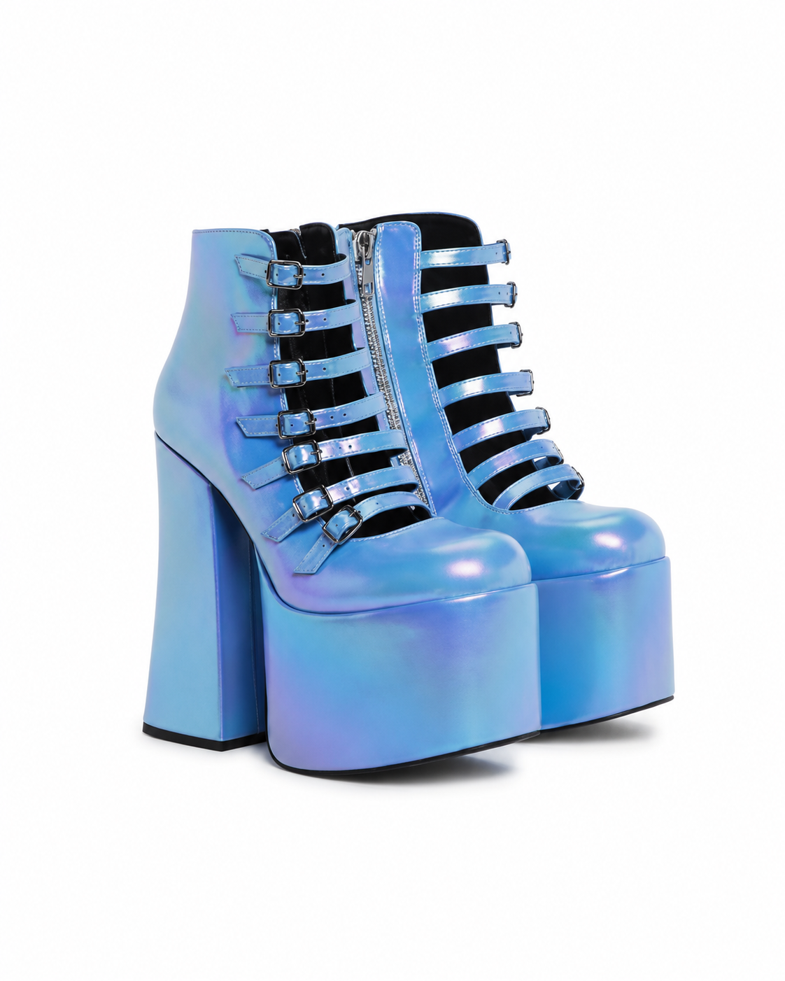 Iridescent Blue Multi-Strap Platform Boots