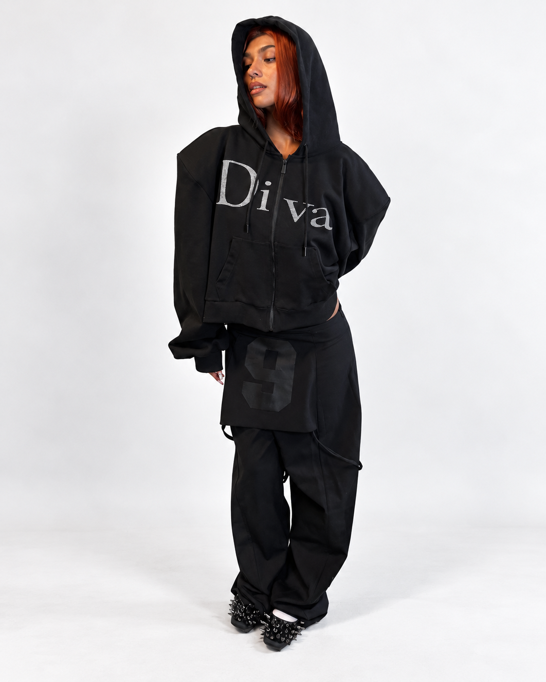 Namilia Diva Rhinestone Cropped Zip Hoodie