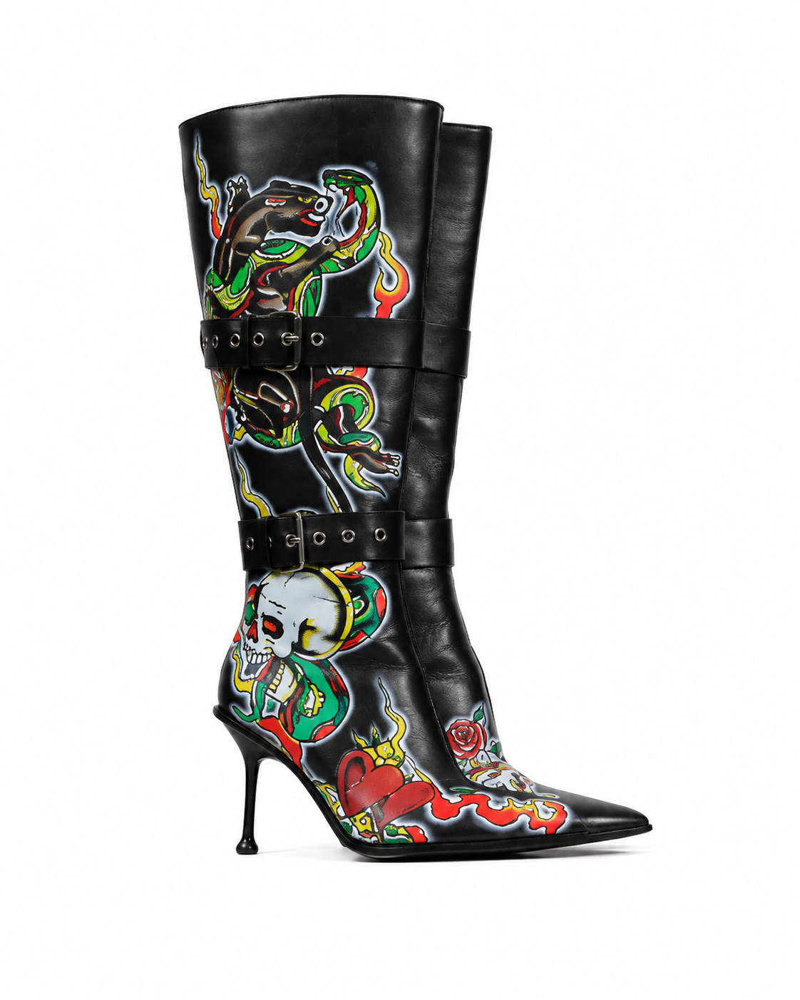 Namilia x Ed Hardy Tattoo Print Buckle Knee-High Boots