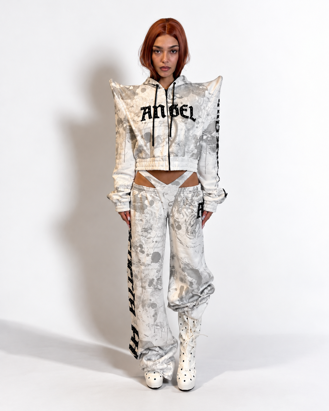 Namilia White Angel Shoulder Cropped Zip Hoodie SET