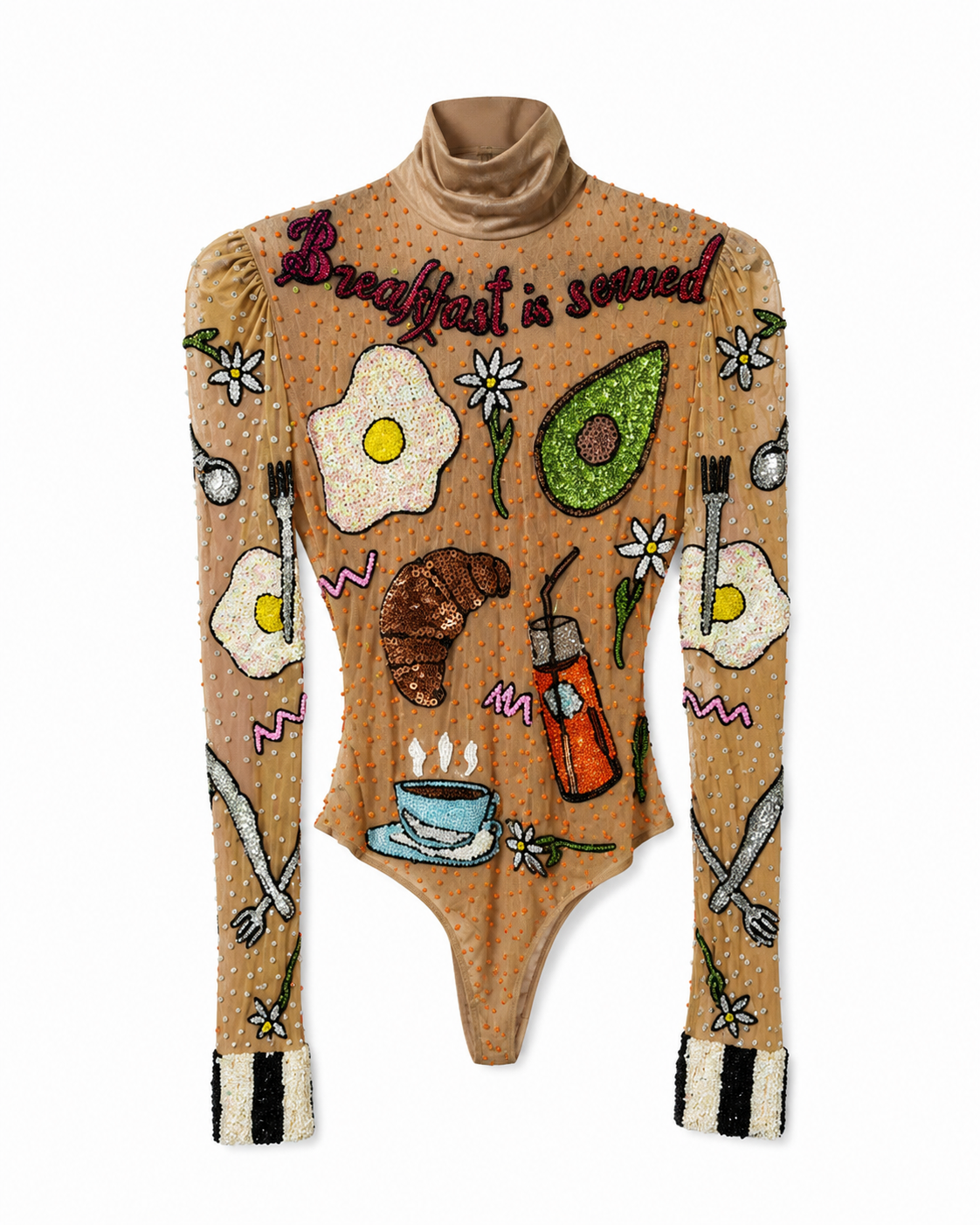 Breakfast Is Served Embellished Mesh Bodysuit