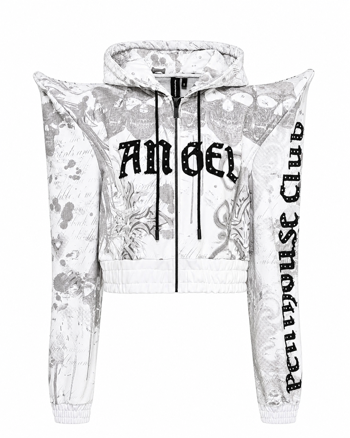 Namilia White Angel Shoulder Cropped Zip Hoodie